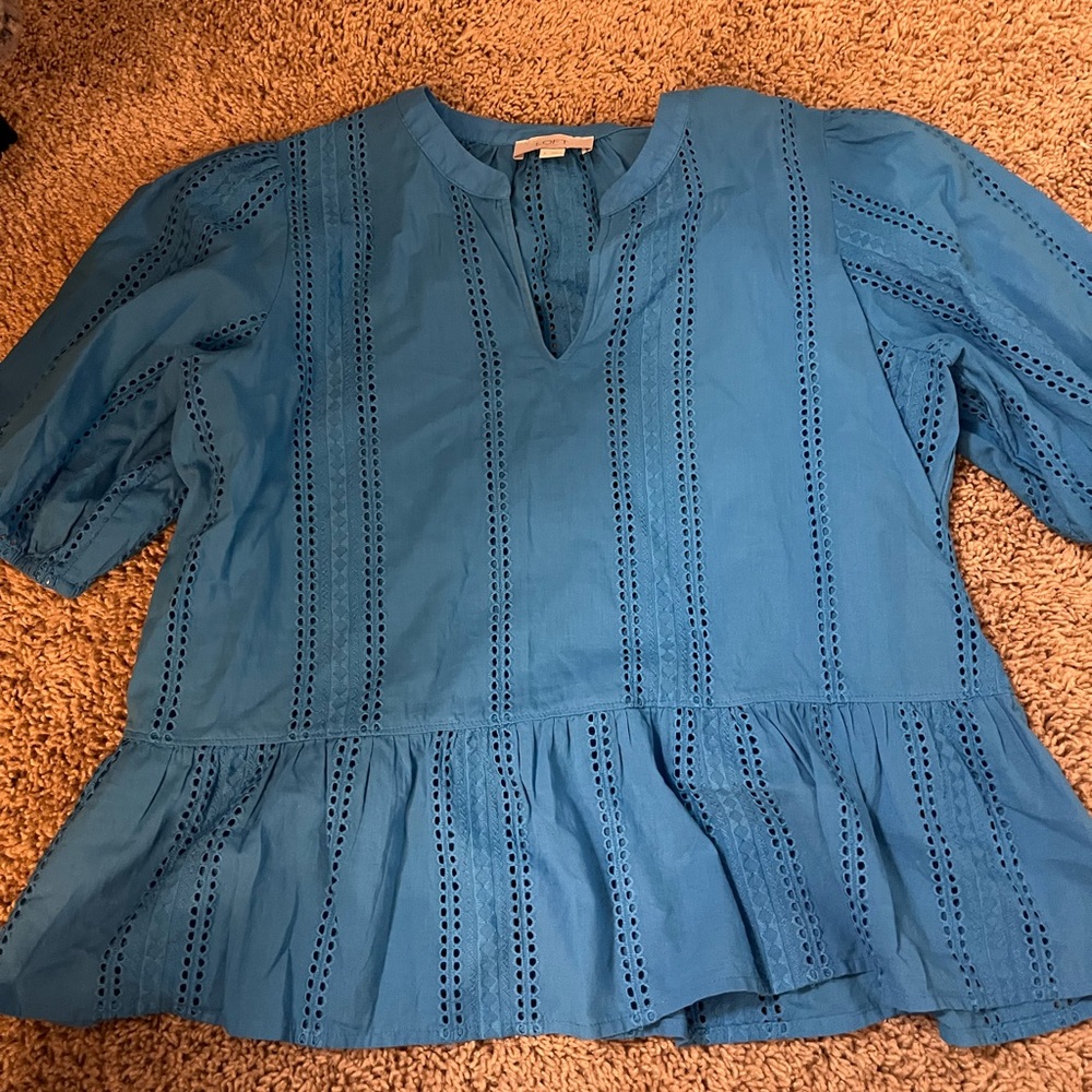 LOFT Teal Eyelet Peplum Blouse